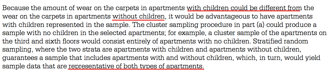 Because the amount of wear on the carpets in apartments
 with-GhiIdK.en-GQ.uld-he-diffeI.ent.ft.Q111 the wear on the carpets in
 apartments without children, it would be advantageous to have
 apartments with children represented in the sample. The cluster
 sampling procedure in part (a) could produce a sample with no children
 in the selected apartments; for example, a cluster sample of the
 apartments on the third and sixth floors would consist entirely of
 apartments with no children. Stratified random sampling, where the two
 strata are apartments with children and apartments without children,
 guarantees a sample that includes apartments with and without
 children, which, in turn, would yield sample data that are
 representative of both tvpes of apartments. 