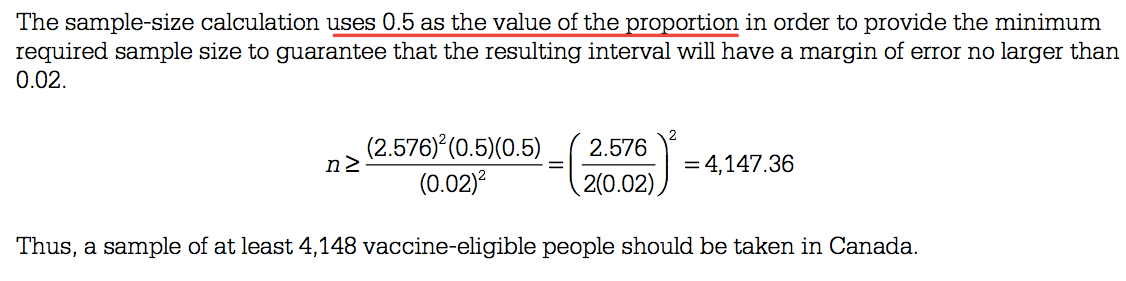 The sample-size calculation uses 0.5 as the value of the proportion
 in order to provide the minimum required sample size to guarantee that
 the resulting interval will have a margin of error no larger than
 0.02. (0.02)2 2 2 576 2(0.02) = 4,147.36 Thus, a sample of at least 4,
 148 vaccine-eligible people should be taken in Canada.
 