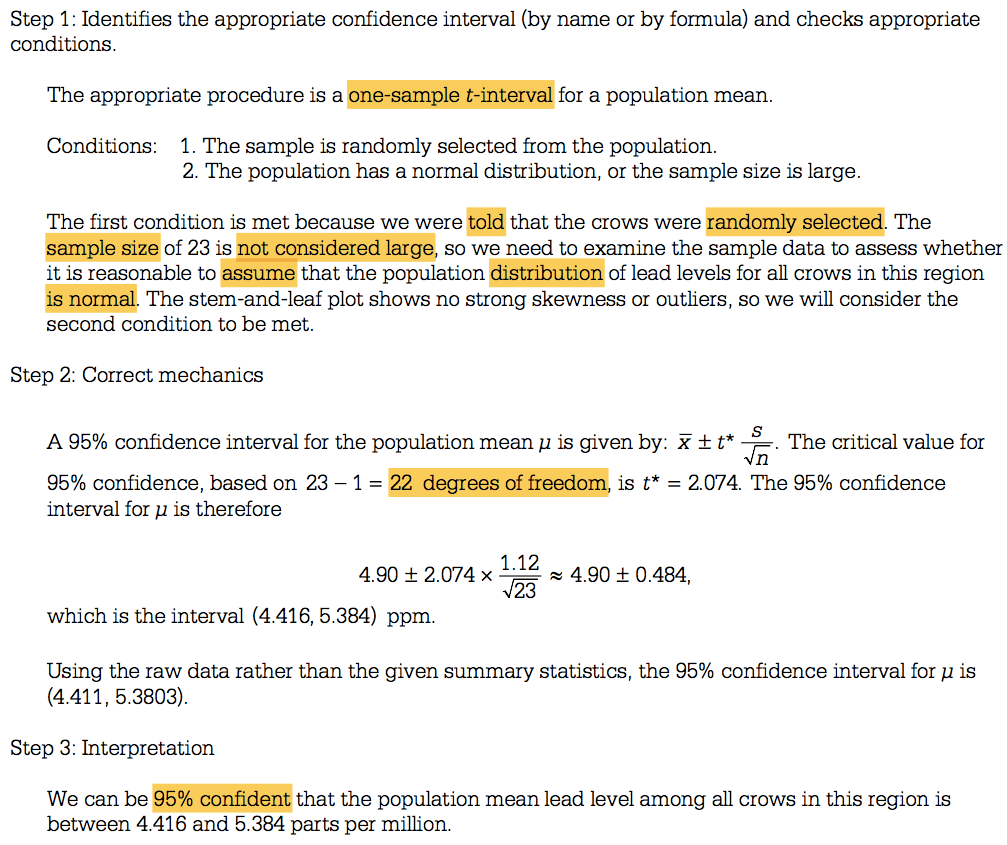 Step 1 : Identifies the appropriate confidence interval (by name or
 by formula) and checks appropriate conditions. The appropriate
 procedure is a one-sample t-interval for a population mean.
 Conditions: 1. The sample is randomly selected from the population. 2.
 The population has a normal distribution, or the sample size is large.
 The first condition is met because we were told that the crows were
 randomly selected. The sample size of 23 is not considered large, so
 we need to examine the sample data to assess whether it is reasonable
 to assume that the population distribution of lead levels for all
 crows in this region is normal. The stem-and-leaf plot shows no strong
 skewness or outliers, so we will consider the second condition to be
 met. Step 2: Correct mechanics \* \_é— The critical value for A 95%
 confidence interval for the population mean is given by: i ± t n 95%
 confidence, based on 23 — 1 = 22 degrees of freedom, is t\* = 2.074.
 The 95% confidence interval for p is therefore 4.90 ± 2.074 x 4.90 ±
 0.484, uää which is the interval (4.416, 5.384) ppm. Using the raw
 data rather than the given summary statistics, the 95% confidence
 interval for p is (4.411, 5.3803). Step 3: Interpretation We can be
 95% confident that the population mean lead level among all crows in
 this region is between 4.416 and 5.384 parts per million.
 