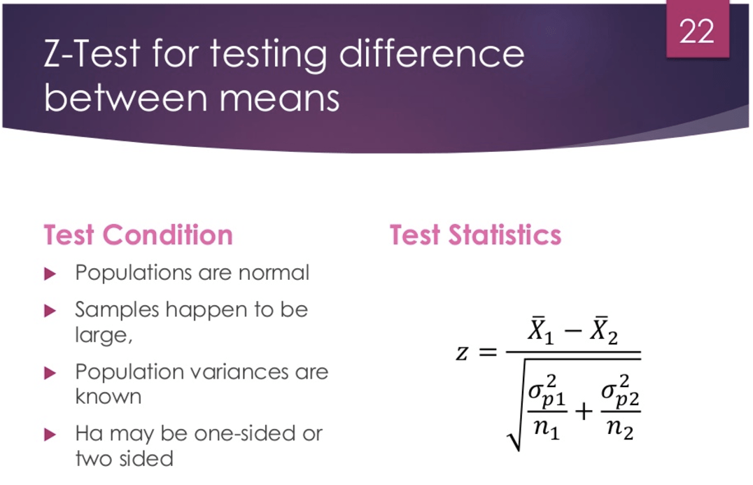 22 Z-Test for testing difference Test Condition Populations are
 normal Samples happen to be large, Population variances are known Ha
 may be one-sided or two sided Test Statistics 2 2 0—2.1 + —
 