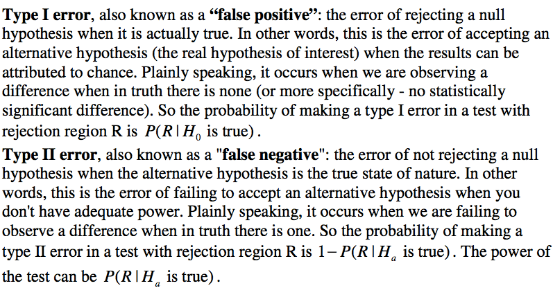 Type I error, also known as a "false positive": the error of
 rejecting a null hypothesis when it is actually frue. In other words,
 this is the error of accepting an alternative hypothesis (the real
 hypothesis of interest) when the results can be attributed to chance.
 Plainly speaking, it occurs when we are observing a difference when in
 truth there is none (or more specifically - no statistically
 significant difference). So the probability of making a type I error
 in a test with rejection region R is P(R I Ho is true) . Type Il
 error, also known as a "false negative": the error of not rejecting a
 null hypothesis when the alternative hypothesis is the true state of
 nature. In other words, this is the error of failing to accept an
 alternative hypothesis when you don't have adequate power. Plainly
 speaking, it occurs when we are failing to observe a difference when
 in truth there is one. So the probability of making a type Il error in
 a test with rejection region R is 1 — P(R I Ha is true). The power of
 the test can be P(R IHa is true) . 